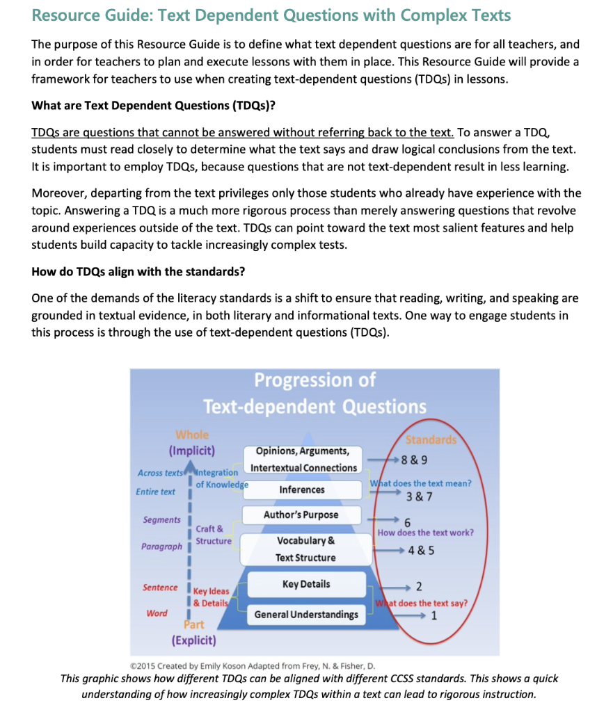 Resource Guide: Text Dependent Questions with Complex Texts
The purpose of this Resource Guide is to define what text depende