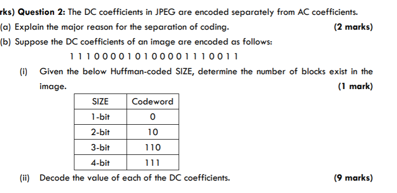 Solved rks) Question 2: The DC coefficients in JPEG are | Chegg.com