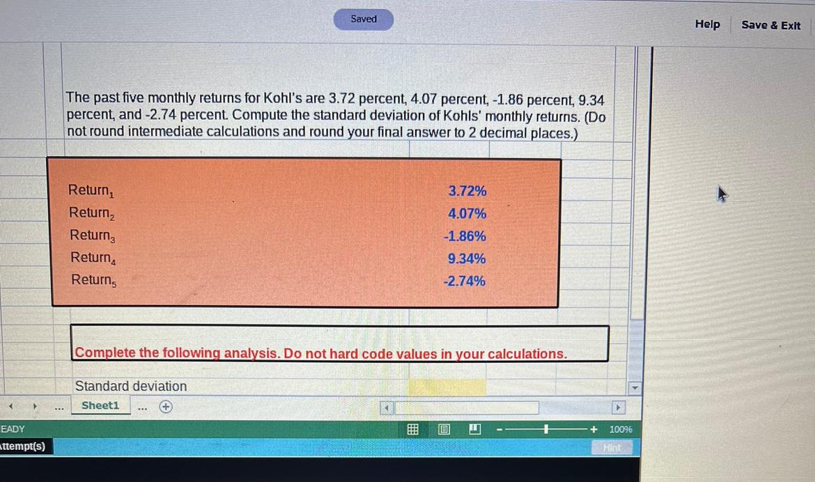 Solved Saved Help Save & Exit The past five monthly returns