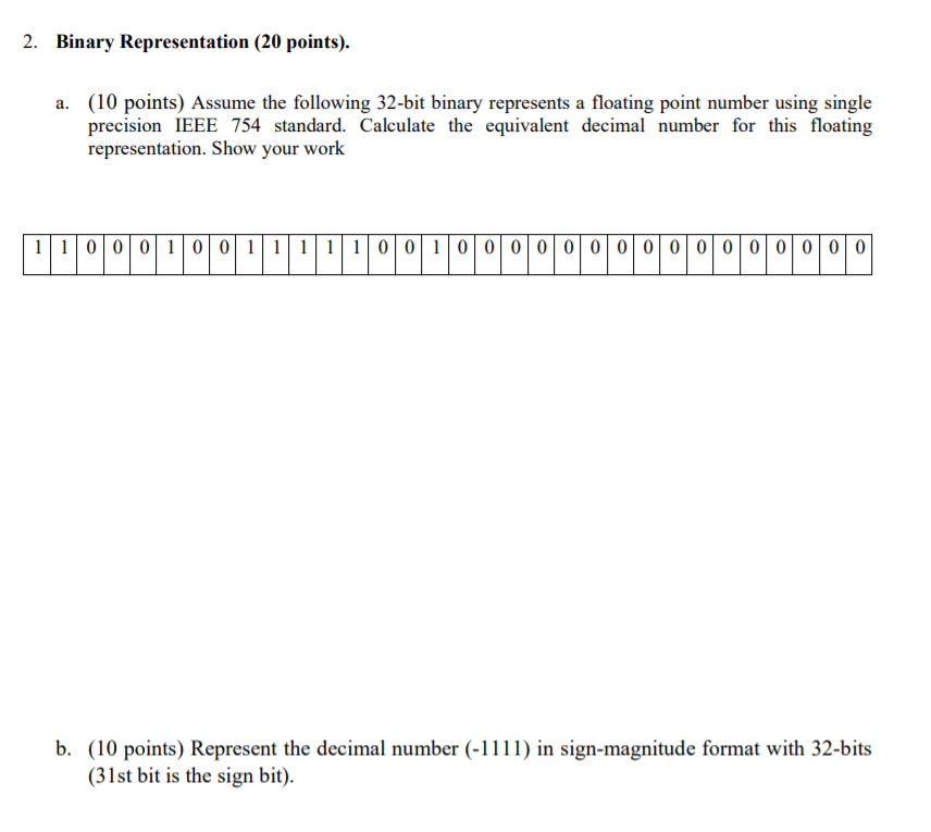 Solved 2. Binary Representation (20 points). a. (10 points) | Chegg.com