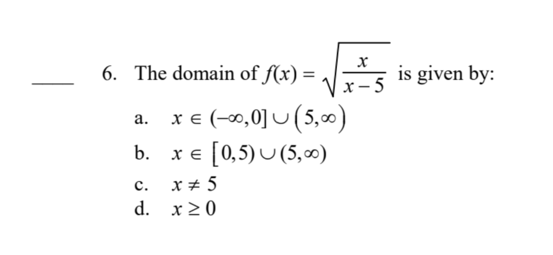 solved-the-domain-of-f-x-sqrt-x-x-5-is-given-by-a-x-chegg