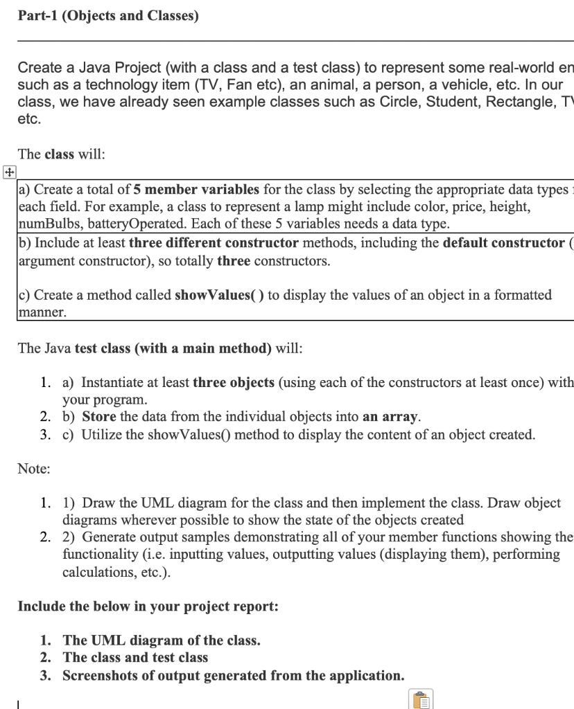Part-1 (Objects and Classes) Create a Java Project | Chegg.com