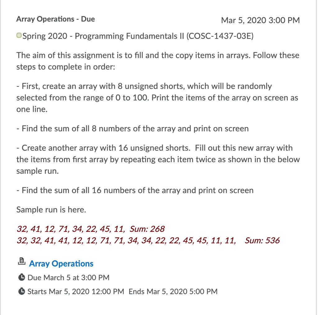 Solved Array Operations - Due Mar 5, 2020 3:00 PM Spring | Chegg.com