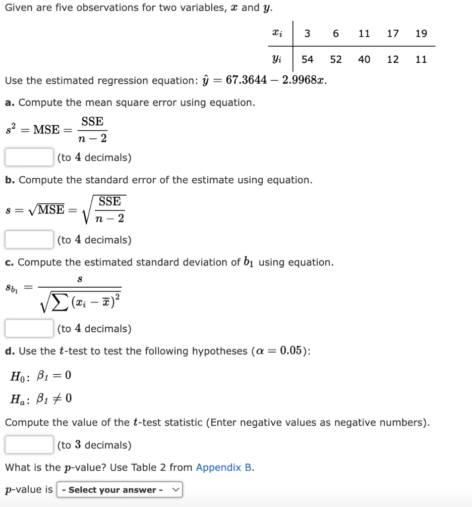 Solved Given are five observations for two variables, x and | Chegg.com