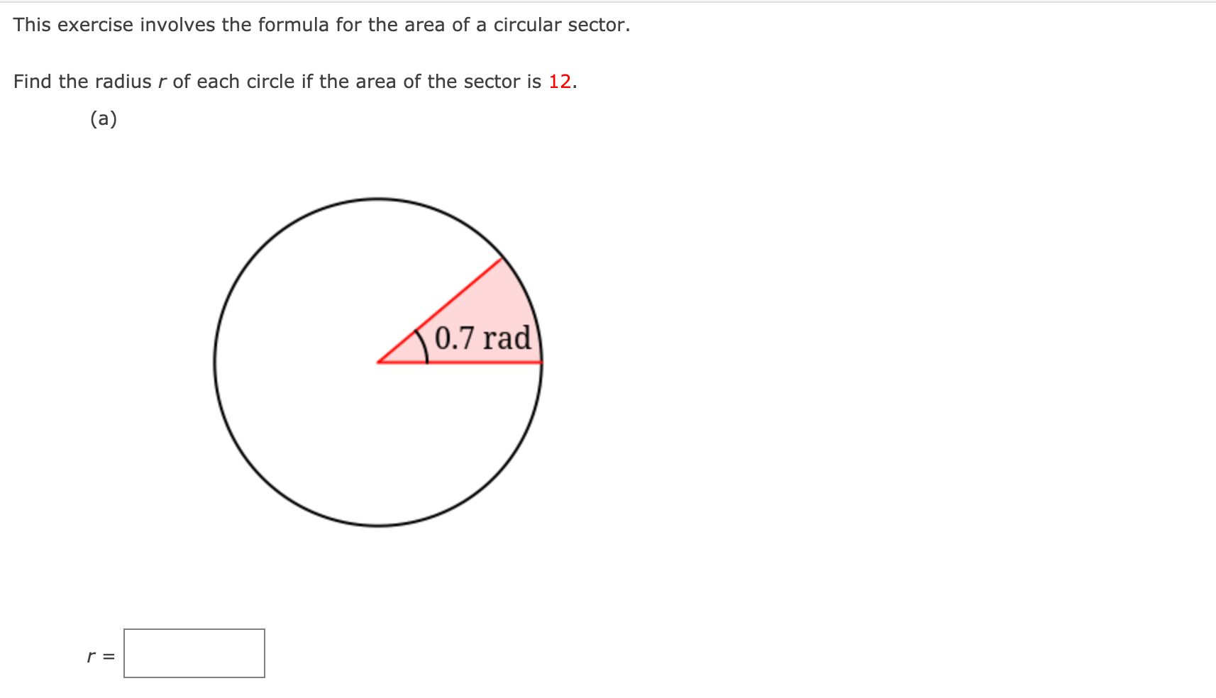 the area of sector of a circle with radius 12cm