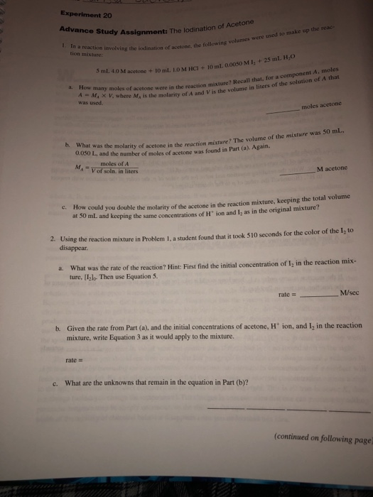 Solved experiment 20 : the Iodination of acetone | Chegg.com