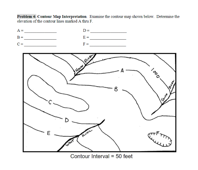 Problem 4: Contour Map Interpretation. Examine the contour map shown below. Determine the elevation of the contour lines mark