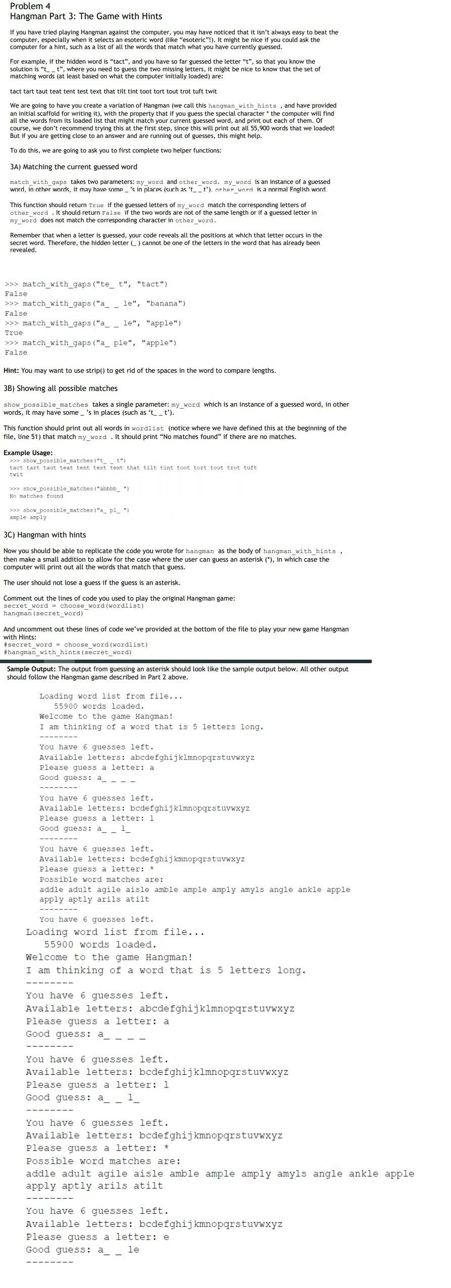 Solved Problem 4 Hangman Part 3: The Game with Hints If you | Chegg.com