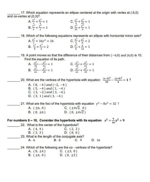 Solved D. 17. Which equation represents an ellipse centered | Chegg.com