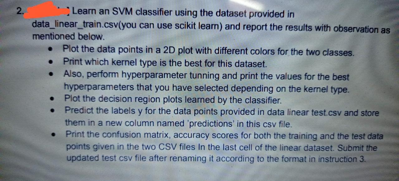 Solved 2. Learn an SVM classifier using the dataset provided | Chegg.com