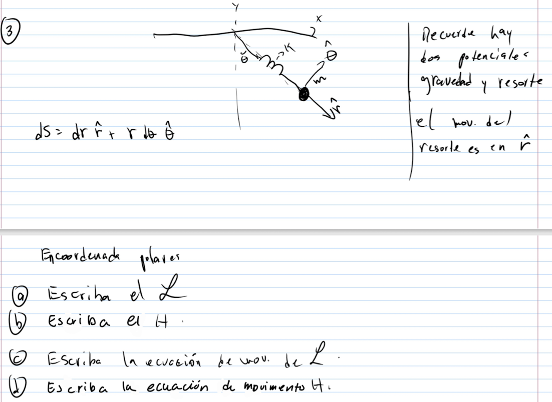 (3) Decuerde hay dos potenciales gravedad y resorte \[ d S=d r \hat{r}+r \] el hov. del resorte es en \( \hat{r} \) Foncoord