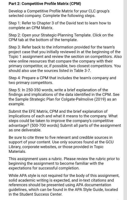 Part 2: Competitive Profile Matrix (CPM) Develop a  Chegg.com