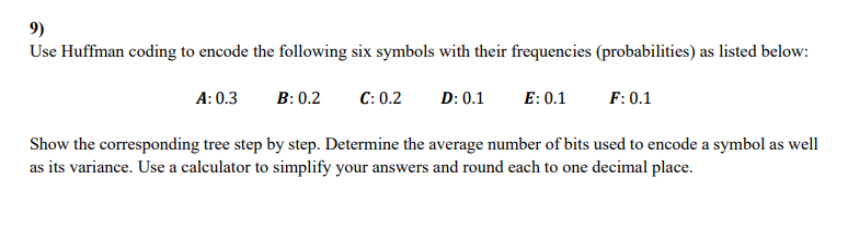Solved 9) Use Huffman coding to encode the following six | Chegg.com