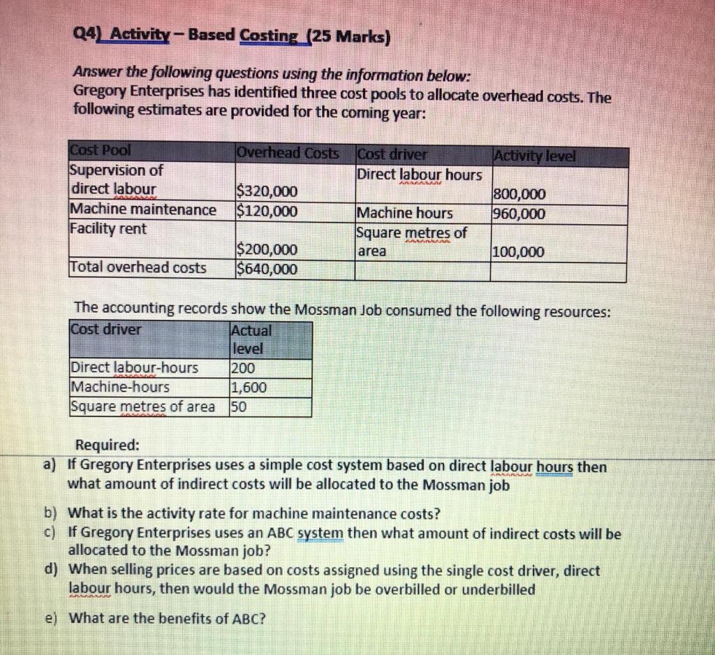 Solved 24) Activity-Based Costing (25 Marks) Answer the | Chegg.com