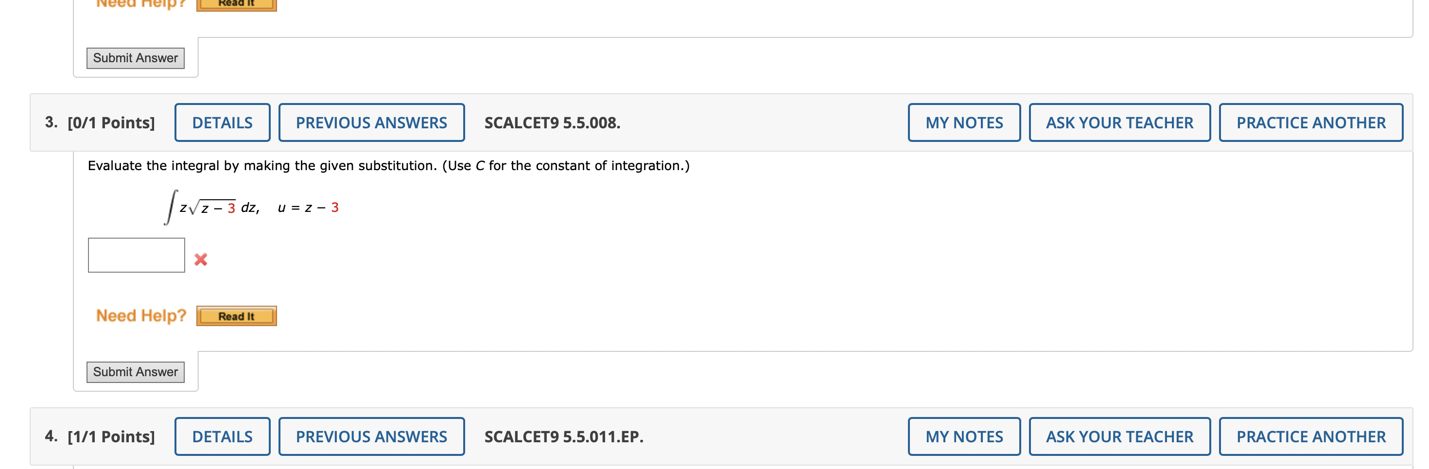 Solved [0/1 Points] SCALCET9 5.5.008. Evaluate the integral | Chegg.com