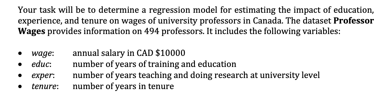Solved Your task will be to determine a regression model for | Chegg.com