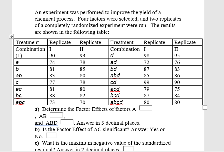 Solved An experiment was performed to improve the yield of a | Chegg.com