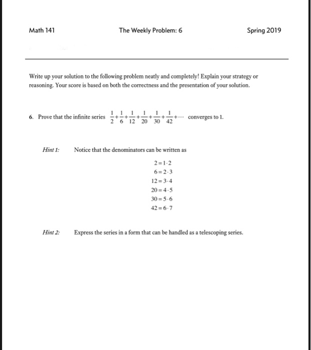 Solved Math 141 The Weekly Problem: 6 Spring 2019 Write up | Chegg.com