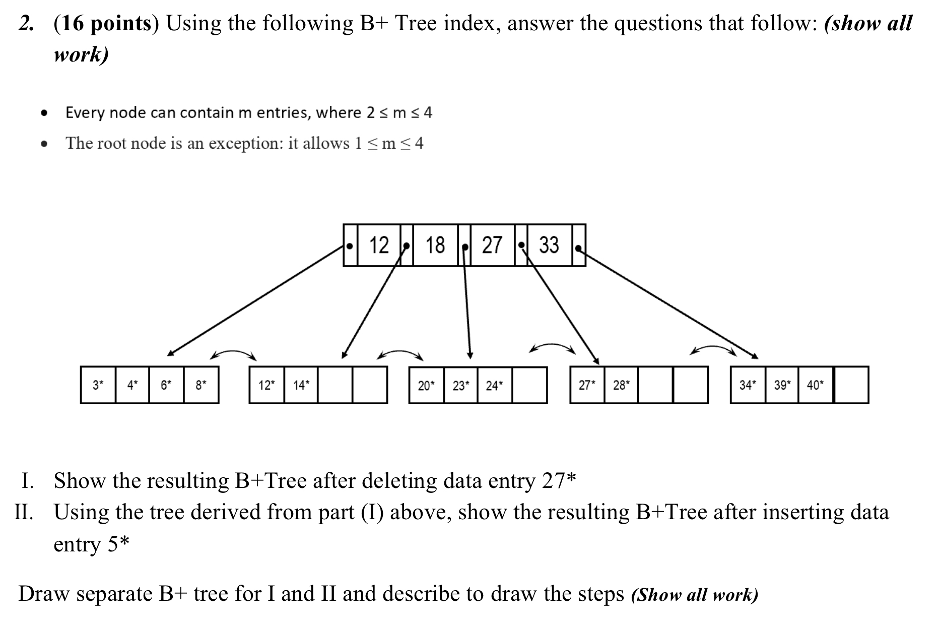Solved 2. (16 points) Using the following B+ Tree index, | Chegg.com