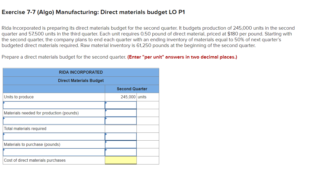 Solved Exercise 77 (Algo) Manufacturing Direct materials