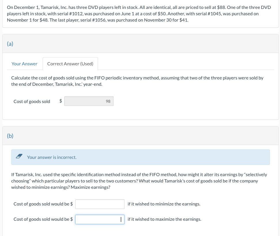 Solved On December 1, ﻿Tamarisk, Inc. has three DVD players | Chegg.com