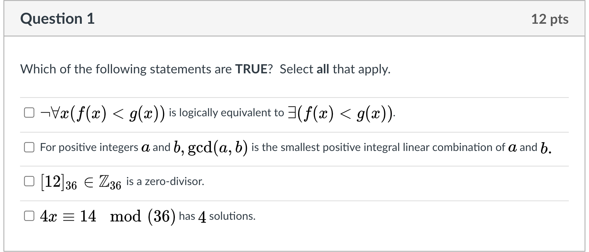 Solved Question 1 12 Pts Which Of The Following Statement Chegg Com