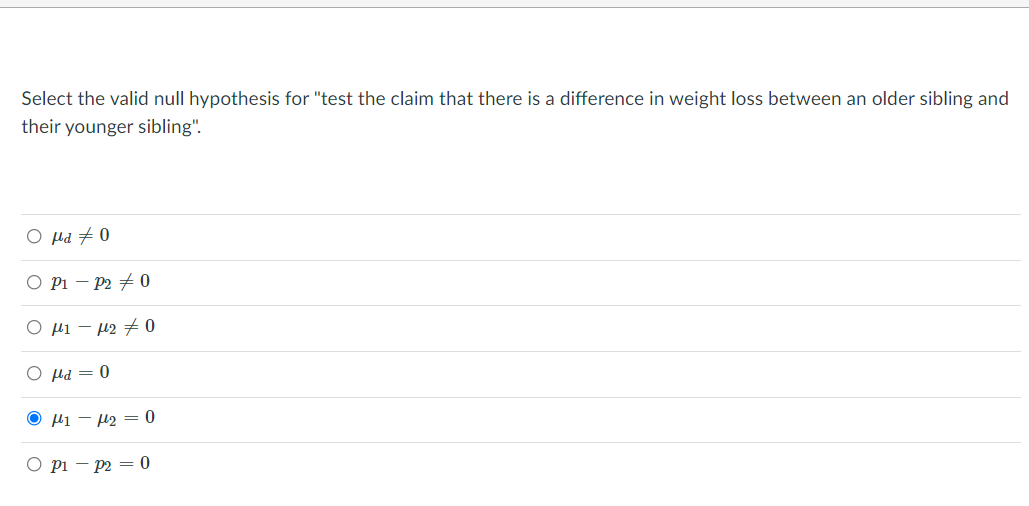 Solved Select the valid null hypothesis for 