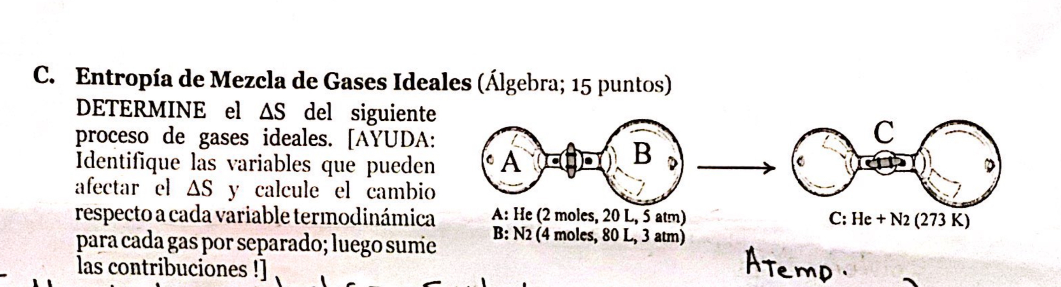 Entropía de Mezcla de Gases Ideal DETERMINE el \( \Delta S \) del siguiente proceso de gases ideales. [AYUDA: Identifique las