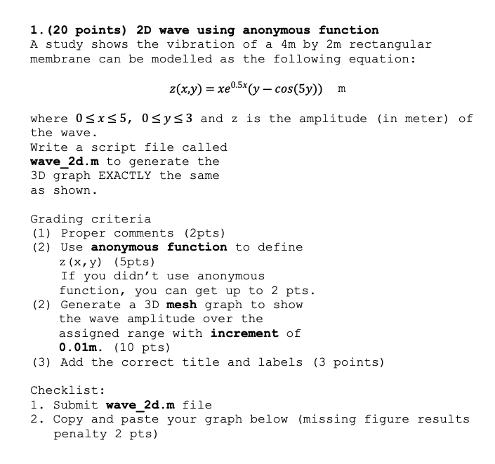 Solved 1. (20 points) 2D wave using anonymous function A | Chegg.com