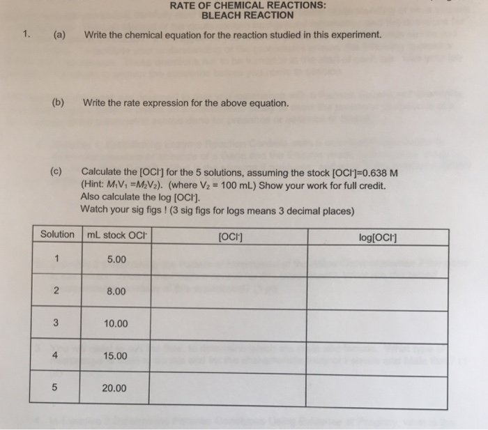 Solved RATE OF CHEMICAL REACTIONS BLEACH REACTION 1. (a)