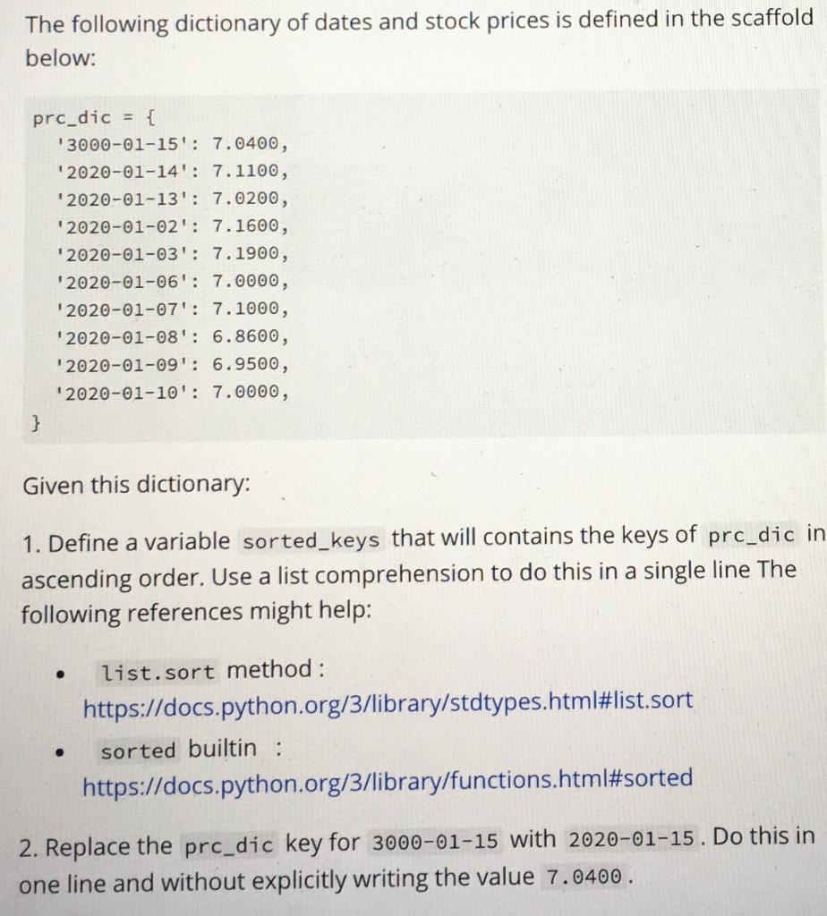 Solved The following dictionary of dates and stock prices is | Chegg.com