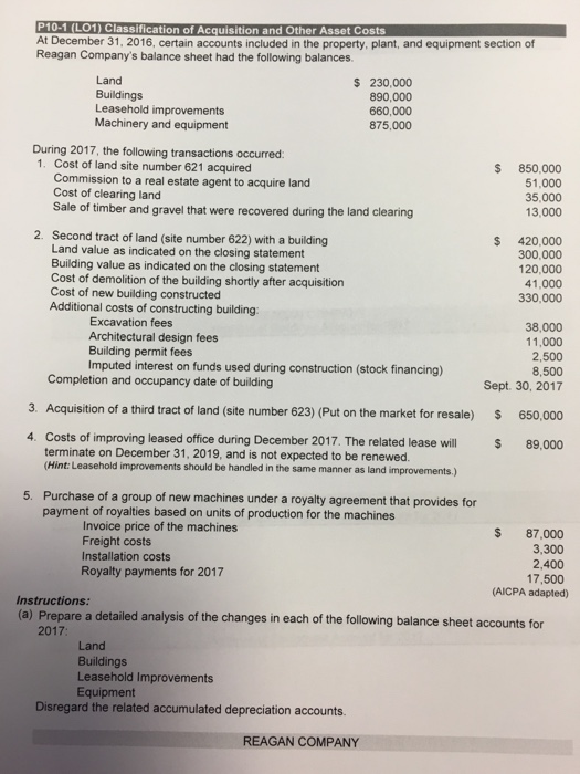 P10 1 L01 Classification Of Acquisition And Other Asset Costs At December 31 2016 Certain 
