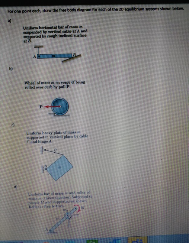 Solved For one point each, draw the free body diagram for | Chegg.com