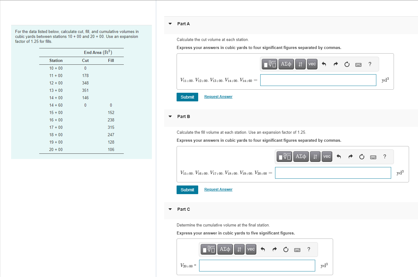 Solved For the data listed below, calculate cut, fill, and | Chegg.com