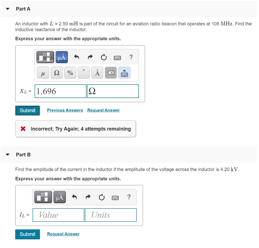 Solved Part A An inductor with L = 2.50 mH is part of the