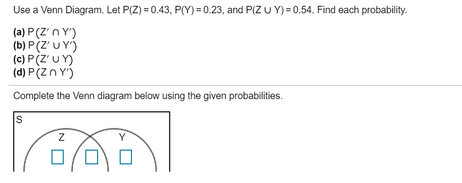 Solved Use A Venn Diagram Let P Z 0 43 P Y 0 23 Chegg Com