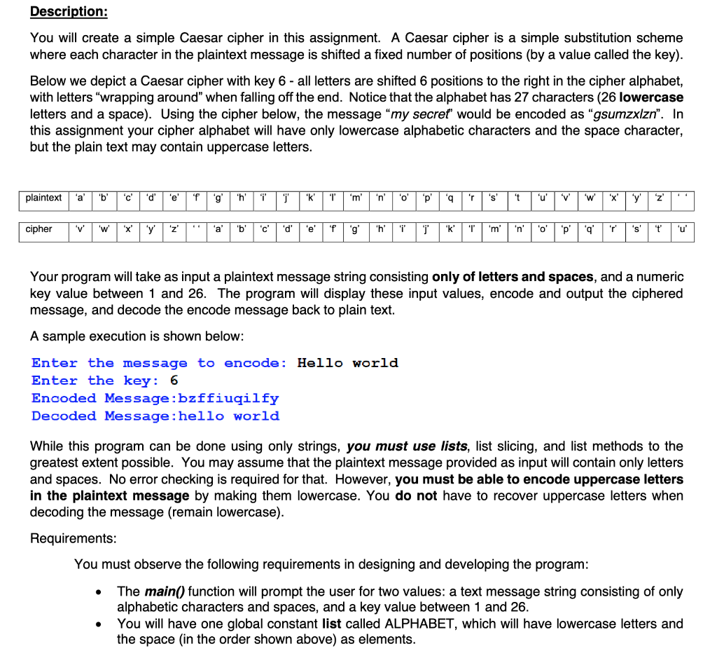 Solved Description: You will create a simple Caesar cipher | Chegg.com