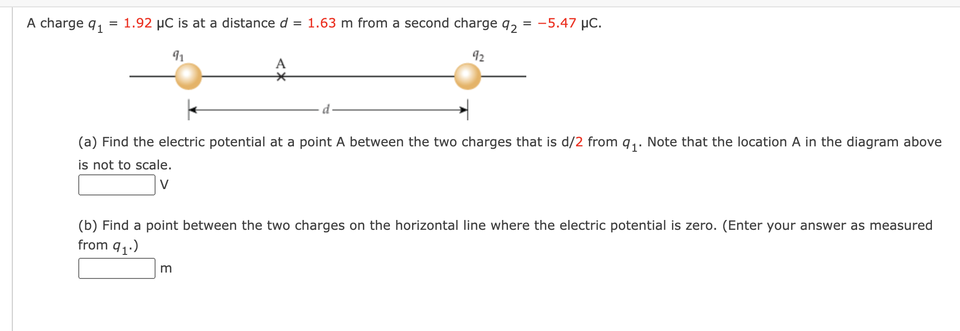 Solved charge q1=1.92μC is at a distance d=1.63 m from a | Chegg.com