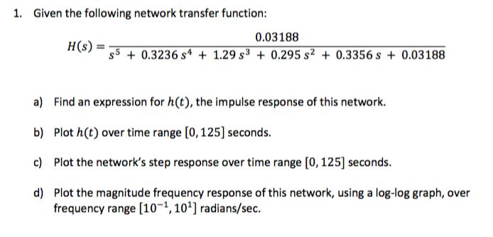 Solved 1. Given the following network transfer function: | Chegg.com