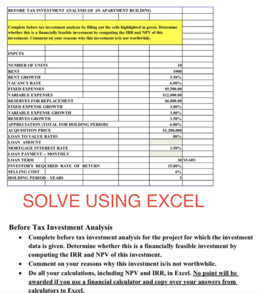 Solved Before Tax Investment Analysis - Complete before tax | Chegg.com