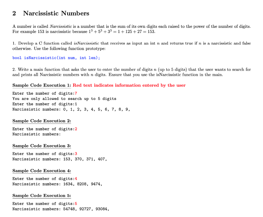 Solved 2 Narcissistic Numbers A number is called | Chegg.com