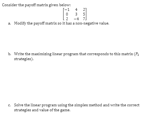 Solved Consider the payoff matrix given below: -1 0 1-1 UN 3 | Chegg.com