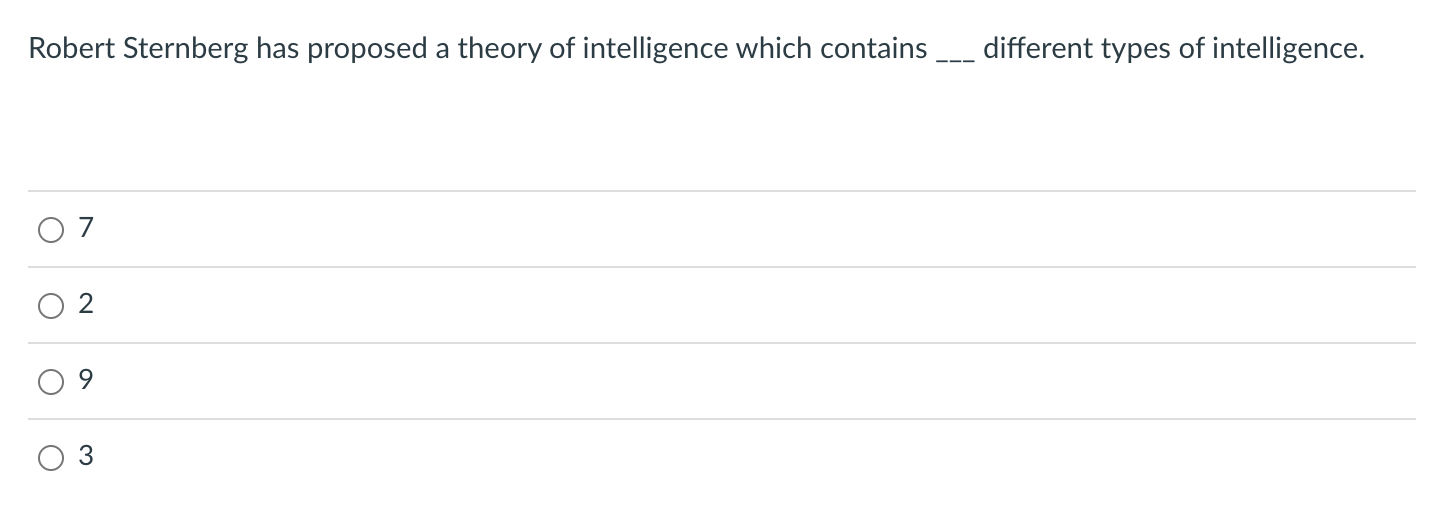 Robert Sternberg has proposed a theory of intelligence which contains different types of intelligence.
7
2
9
3