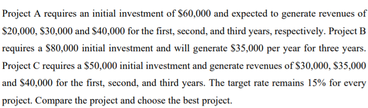 Solved Project A requires an initial investment of $60,000 | Chegg.com