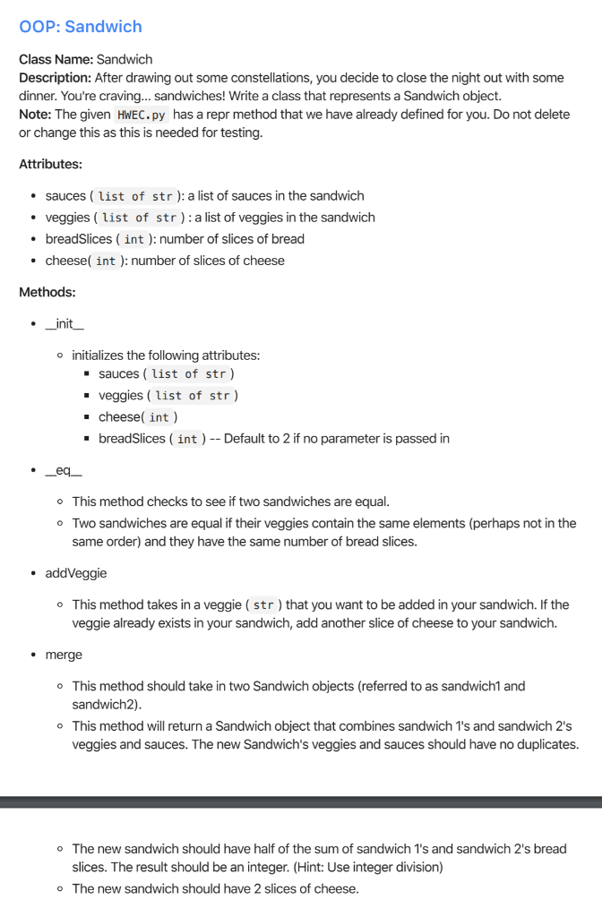 Solved Using Python: OOP: Sandwich Class Name: Sandwich | Chegg.com