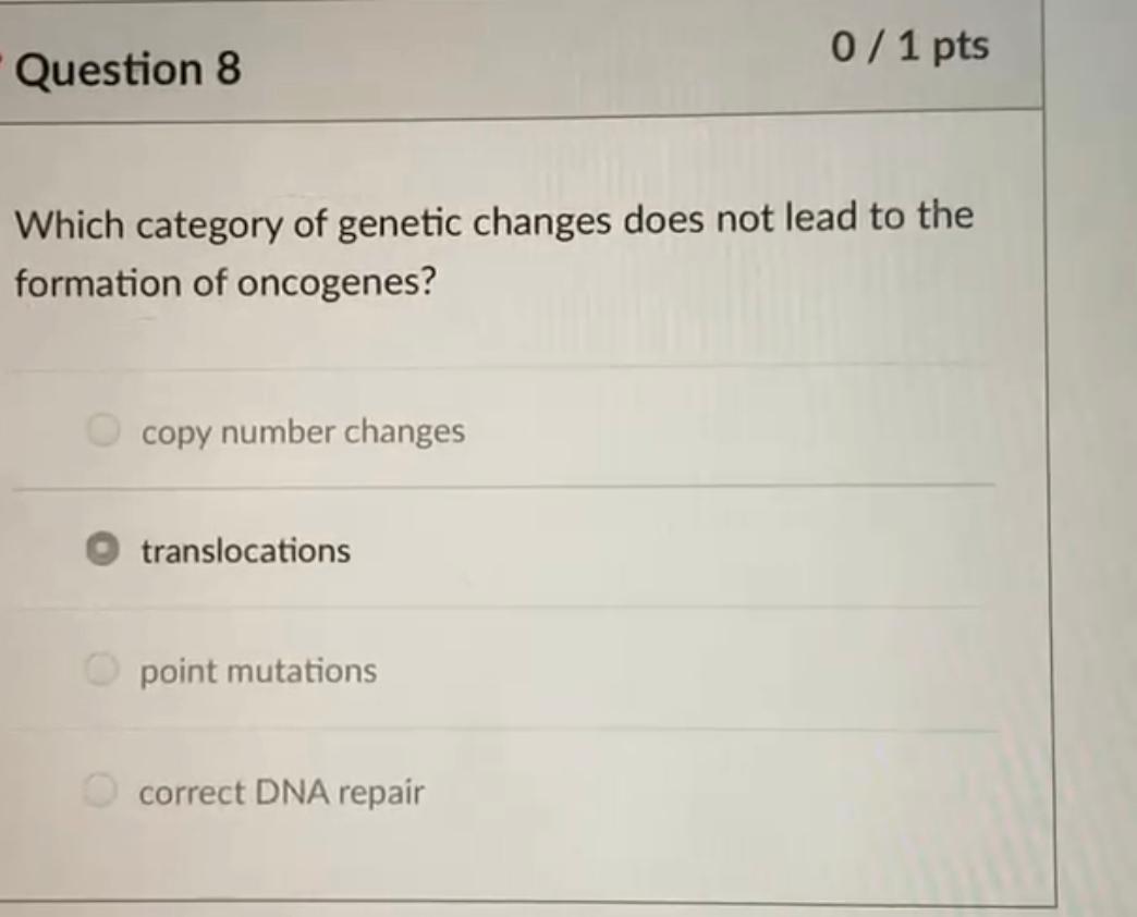 Solved 0 / 1 pts Question 8 Which category of genetic | Chegg.com