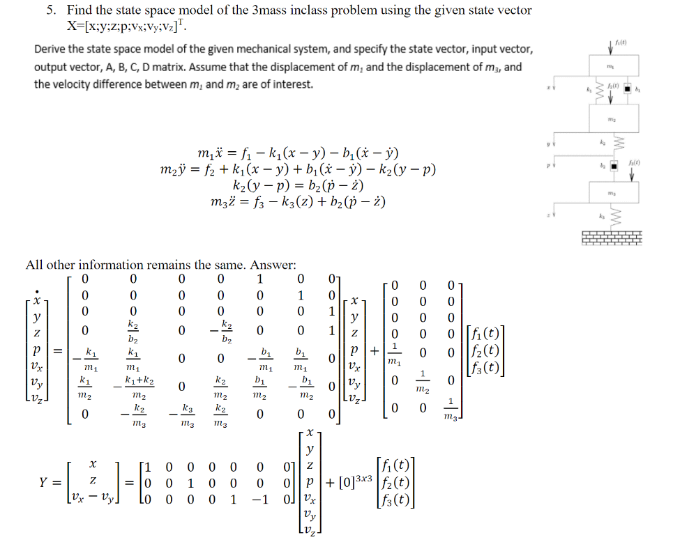 Solved 100 5. Find the state space model of the 3mass | Chegg.com