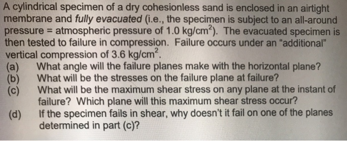 Solved A cylindrical specimen of a dry cohesionless sand is | Chegg.com