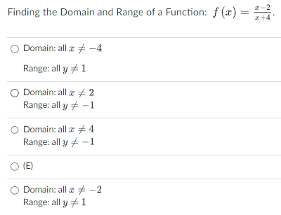 Finding the Domain and Range of a Function: \( f(x)=\frac{x-2}{x+4} \). Domain: all \( x \neq-4 \) Range: all \( y \neq 1 \)