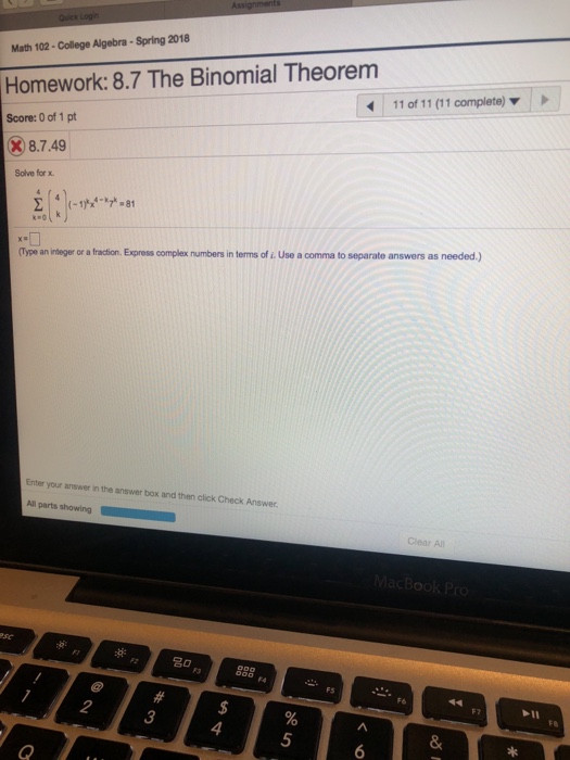 Solved Math 102-College Algebra-Spring 2018 Homework: 8.7 | Chegg.com